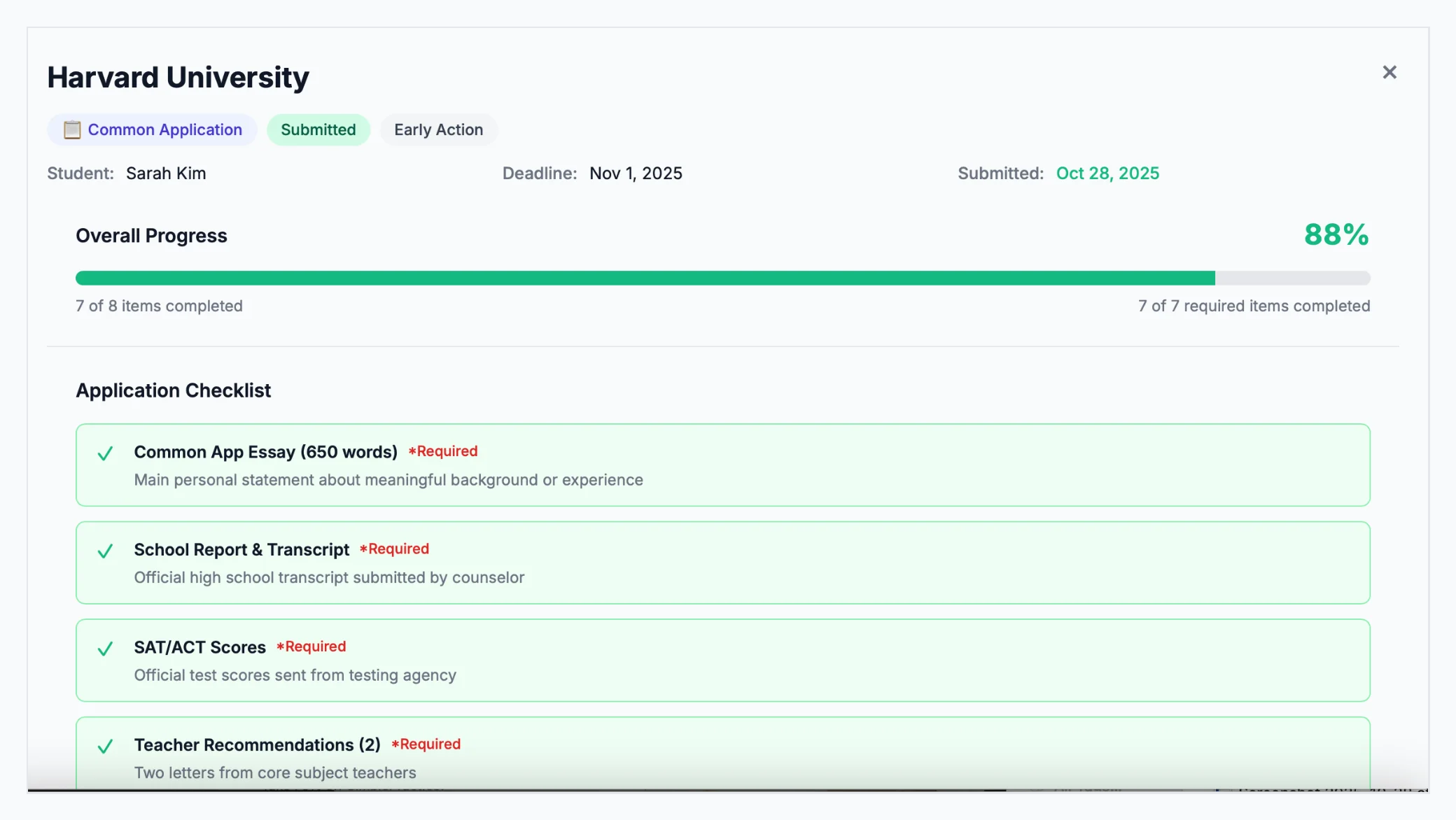 Requirements checklist showing completed and pending items