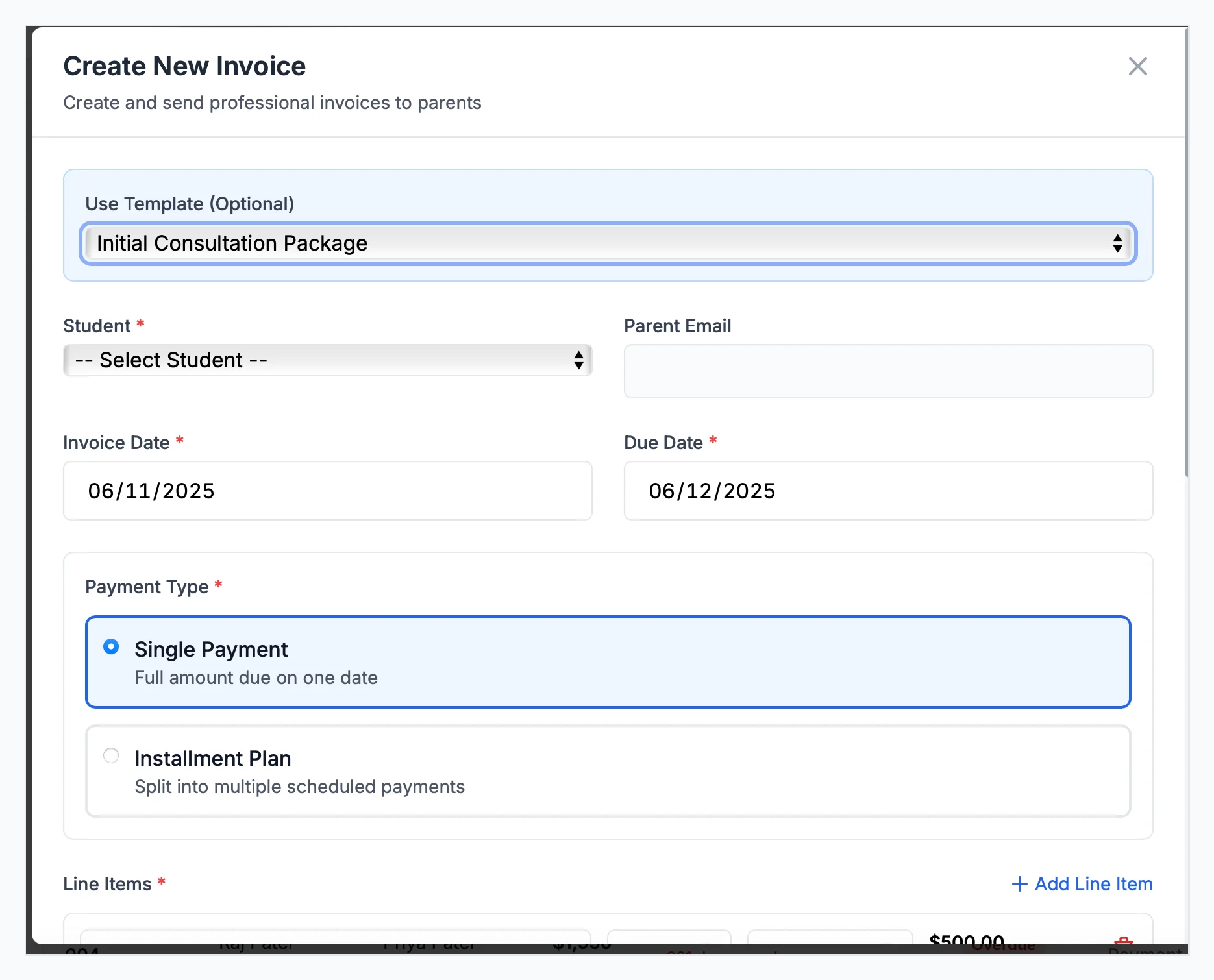 Quick invoice creation interface
