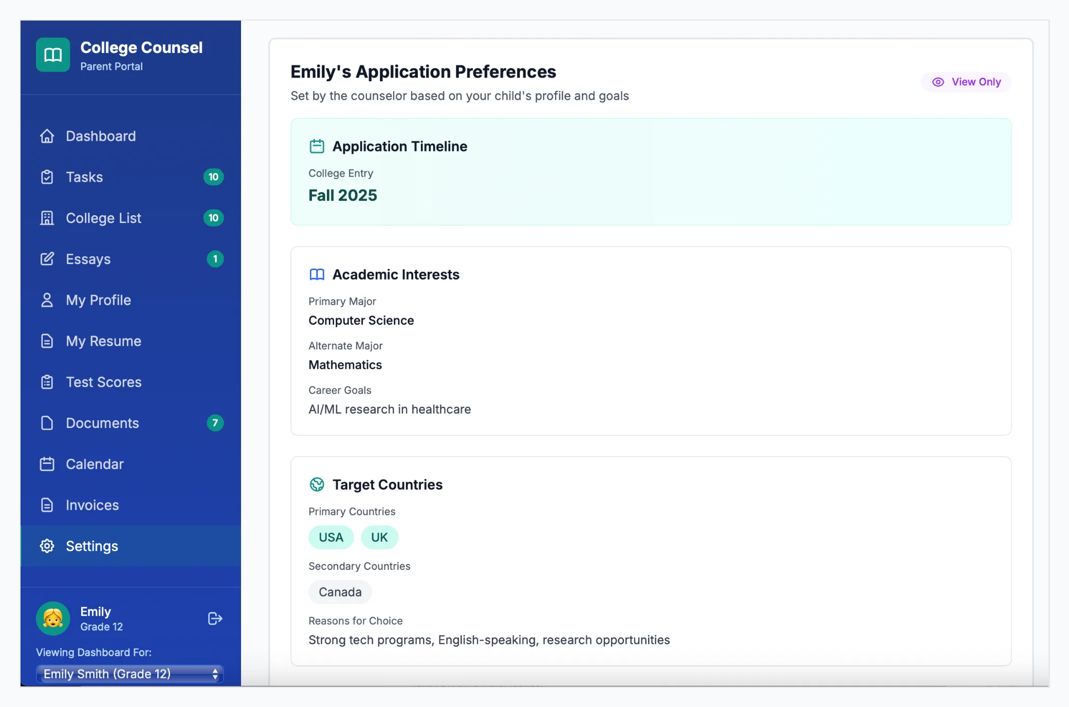 Parent view of student portal showing limited access to progress information