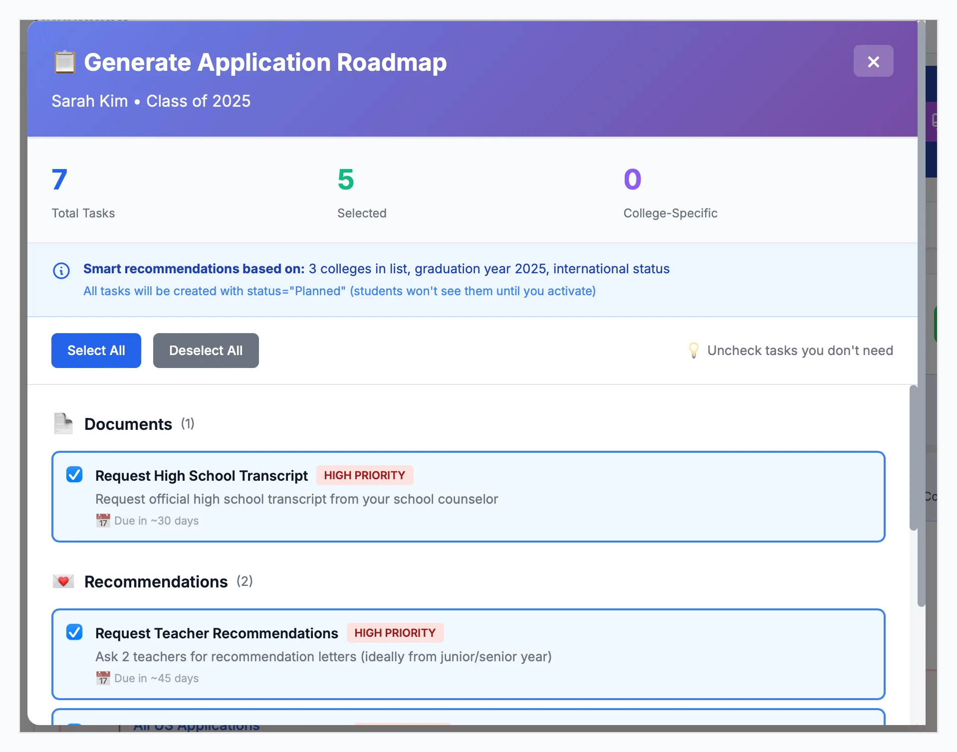 Roadmap generator showing personalized task recommendations