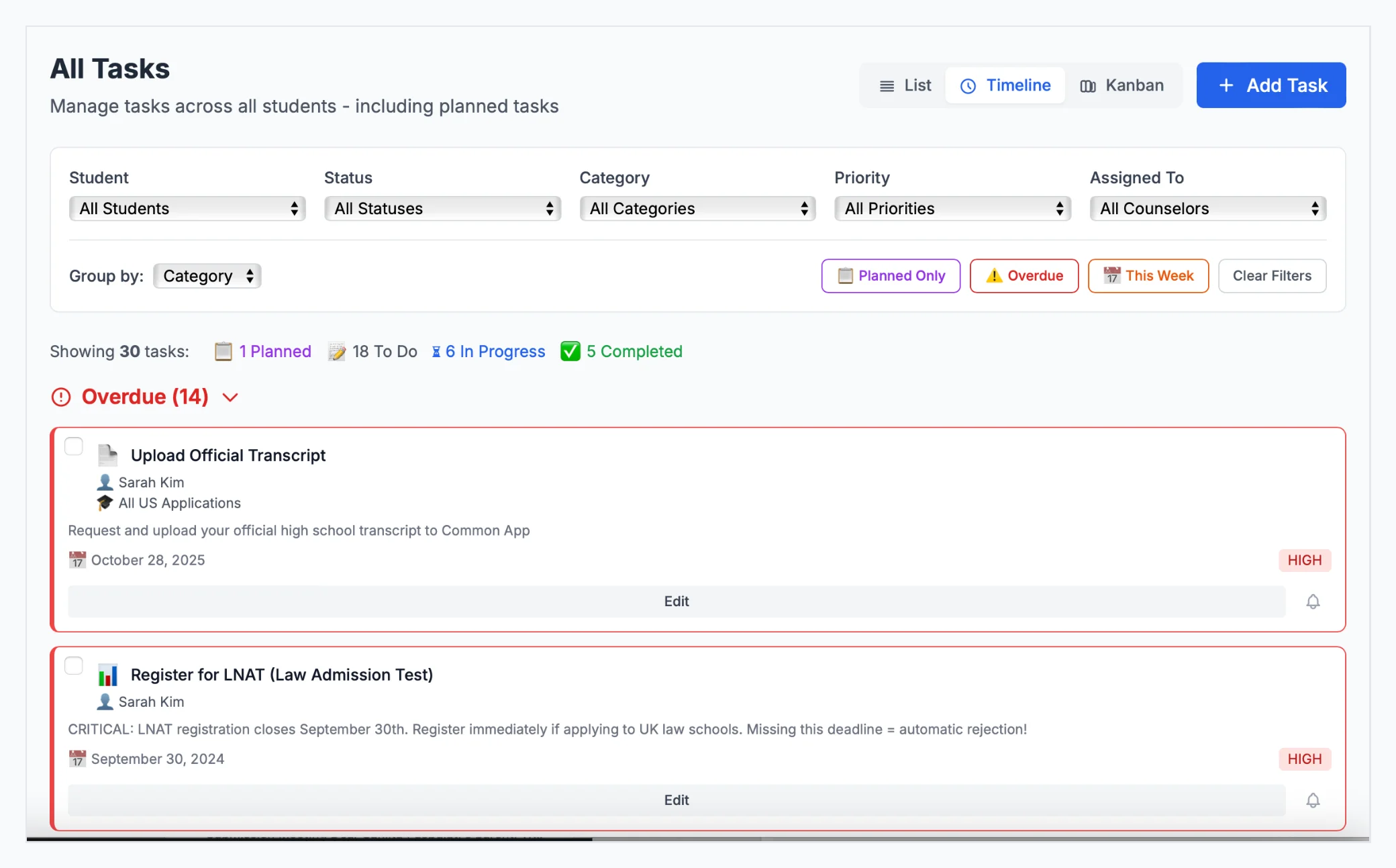 Counselor dashboard showing student task completion